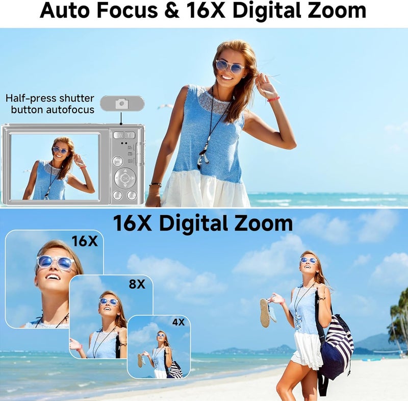 ceye Digital Camera, FHD 4K 44MP Digital Camera, 16X Digital Zoom, Digital Point and Shoot Camera with 3-LED Fill Lights, 64GB SD Card, Compact Camera for Kids Teen Boys Girls, Sliver - Image 5
